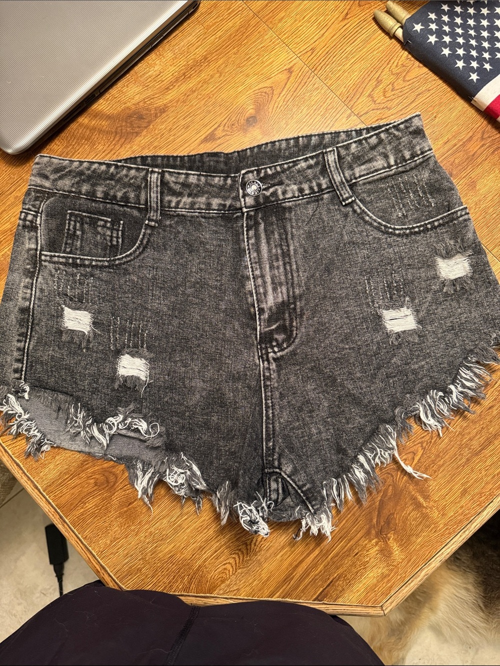 Distressed High-Rise Black Denim Shorts